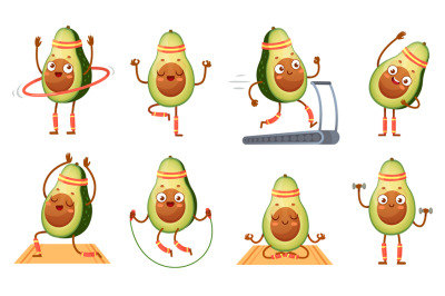 Cartoon avocado character fitness. Funny avocados in yoga poses, gym c