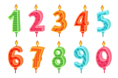 Cartoon anniversary numbers candle. Celebration cake candles burning l