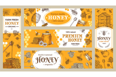 Honey banner. Healthy sweets&2C; natural bees honey pot and bee farm prod