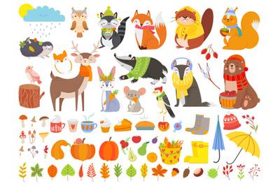 Autumn forest animals. Fall squirrel&2C; funny bear and cute autumnal fox