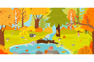 Autumn forest. Autumnal nature landscape, yellow forests trees and woo