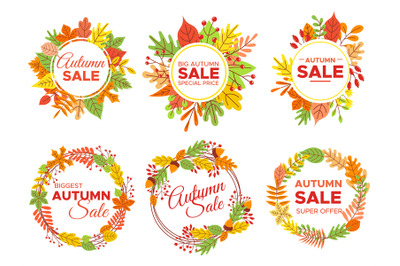 Autumn sale badges. Fall season sales, autumnal yellow leaves frame an