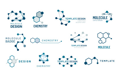 Hexagonal molecule badge. Molecular structure logo, molecular grids an