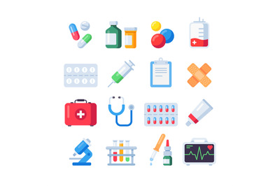 Flat pill icons. Medication dose of drug for treatment. Medicine bottl