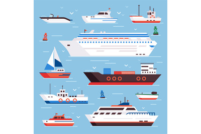 Sea ships. Cartoon boat powerboat cruise liner navy shipping ship and