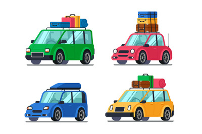 Travel cars. Car with tourism gear and baggage for family travels. Hyb