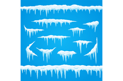 Cartoon icicles ice cap. Winter frosted snow frame for snowfall sign.