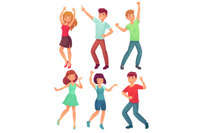 Cartoon dancing people. Happy dance of excited teenager, young women m