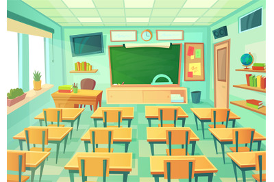 Empty cartoon classroom. School room with class chalkboard and desks.