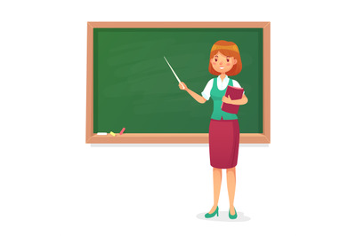 Chalkboard and teacher. Female professor teach at blackboard. Lessons