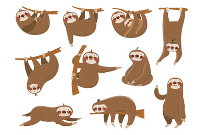 Cute cartoon sloths. Adorable rainforest animals, mother and baby on b