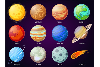 Cartoon solar system planets. Astronomical observatory planet, meteor