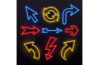 Neon light arrows. Colorful bulb lines arrow. Nightlife tube lights ar