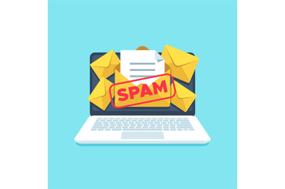 Full email inbox of spam. Spammer letters in mailbox on computer scree