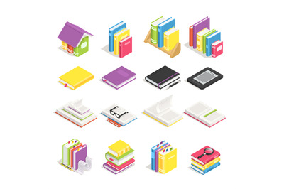 Isometric books. School textbook, book with bookmark and notebook with