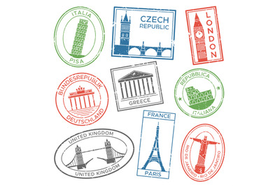 Vintage travel stamps for postcards with europe countries architecture