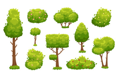 Cartoon trees and bushes. Green plants with flowers for vegetation lan