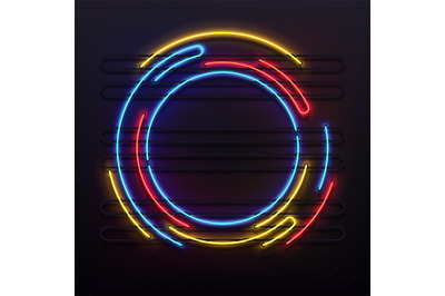 Circle neon lights frame. Colorful round tube lamp light on frame. Ele