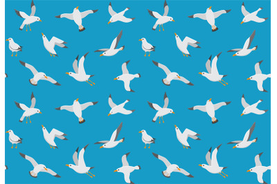 Seagulls seamless pattern. Cartoon gull flying over sea. Marine vector