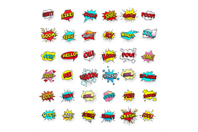 Comic bubbles. Cartoon text balloons. Pow and zap&2C; smash and boom expr