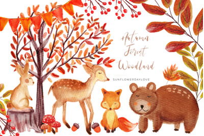 Autumn Forest Woodland clipart&2C; Watercolor Bear deer Clipart