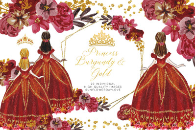 Quinceanera clipart, Floral Princess Burgundy &amp; Gold