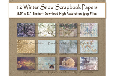 Rustic Winter Snowflake Digital Papers 8.5&quot; x 11&quot; Texture Snow woodlan