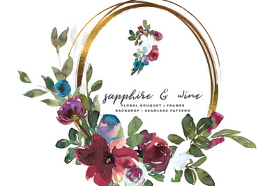 Sapphire Burgundy Watercolor Floral Frames Bouquets