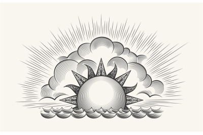 Vintage engraved sun with waves