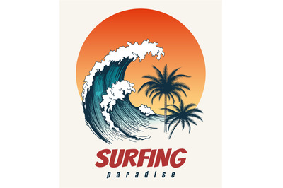 Surfer big wave retro poster