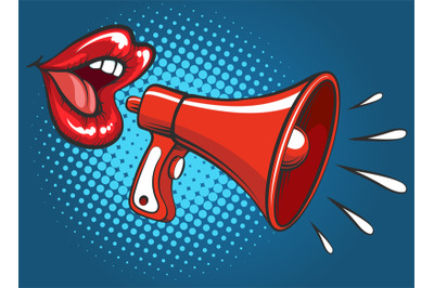 Popart girl mouth screaming in megaphone