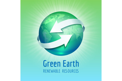 Green planet Earth with white arrows