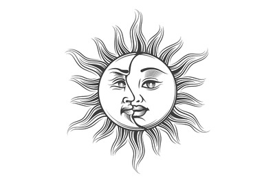 Hand Drawn Sun and Moon Occult Symbol