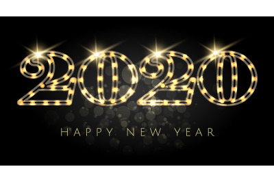 Happy New Year 2020 Light Bulb Numbers Design Template on Black backgr