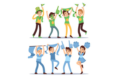 Happy sports fun teams. Group shouting supporting people vector set