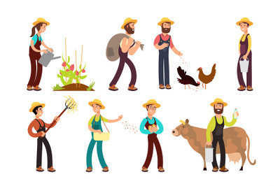 Happy farmers with agricultural tools and planting vector characters s