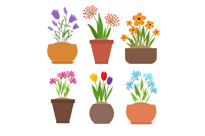 Garden spring flowers in flower pots vector set