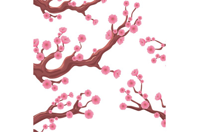 Japanese blossoming sakura branches with cherry flowers vector set