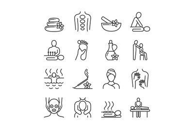 Relaxing massage and organic spa line pictograms. Hand therapy vector