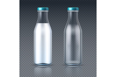 Glass beverage bottles empty and with milk. Dairy product packaging is