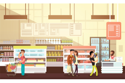 People shopping in grocery store. Supermarket retail interior with cus