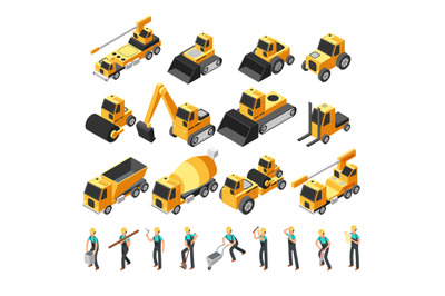 Isometric construction workers, building machinery and equipment 3d ve