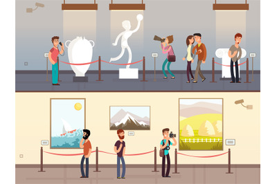 Museum interiors with visitors looking at exhibits vector illustration