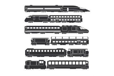 Trains and wagons black vector railway cargo and passenger transportat