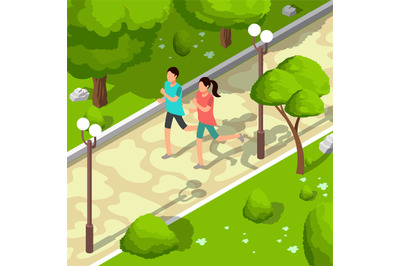 Sport family running in park vector isometric 3d illustration. Healthy