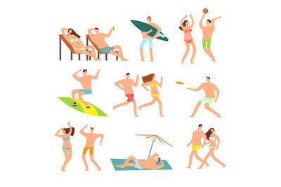 Young and happy family on sunny beach. Vector people character on summ