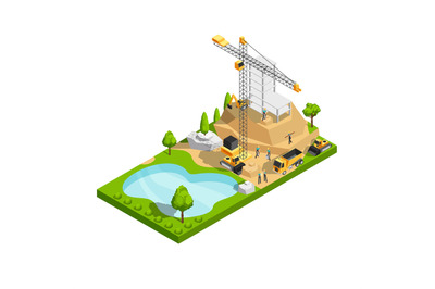 Commercial building construction 3d isometric vector concept for archi