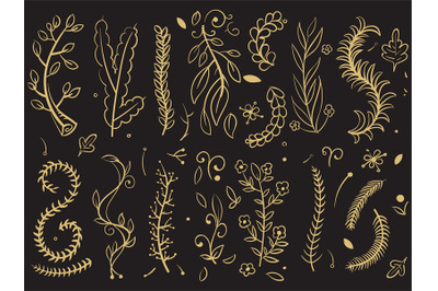 Golden trees and florals branches on black background