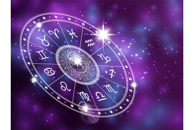 Horoscope circle on shiny backgroung - space backdrop with white astro