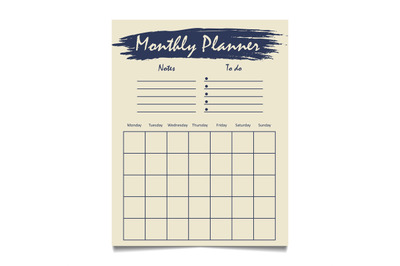 Monthly planner template design with grunge element notes and to do li